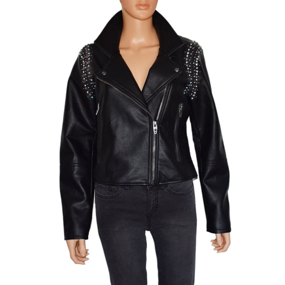 BLANK NYC Women’s Moto Jacket Vegan Leather Heavy Metal Cropped Top Size M - Picture 2 of 8